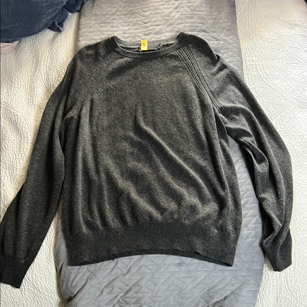 Vince Gray Crewneck Sweater with Ribbed Accents